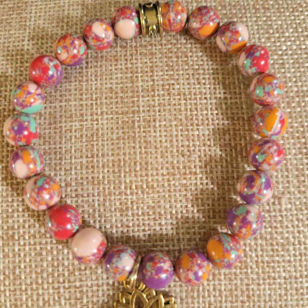 Multicolor Beaded Lotus Flower Charm Stretch Bracelet 2.5 Inch Diameter Eclectic